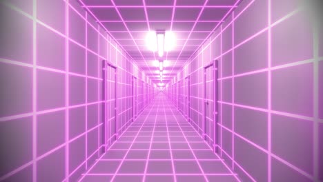 Endlose-Weiße-Korridortüren-Neon-Tron-80er-Arcade-Glow-Loop-Drahtgitter-Matrix-4k